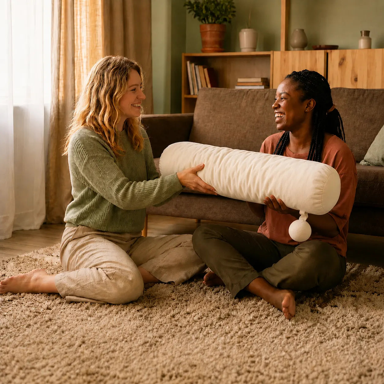 Two friends sharing Beside body pillow as a thoughtful comfort gift