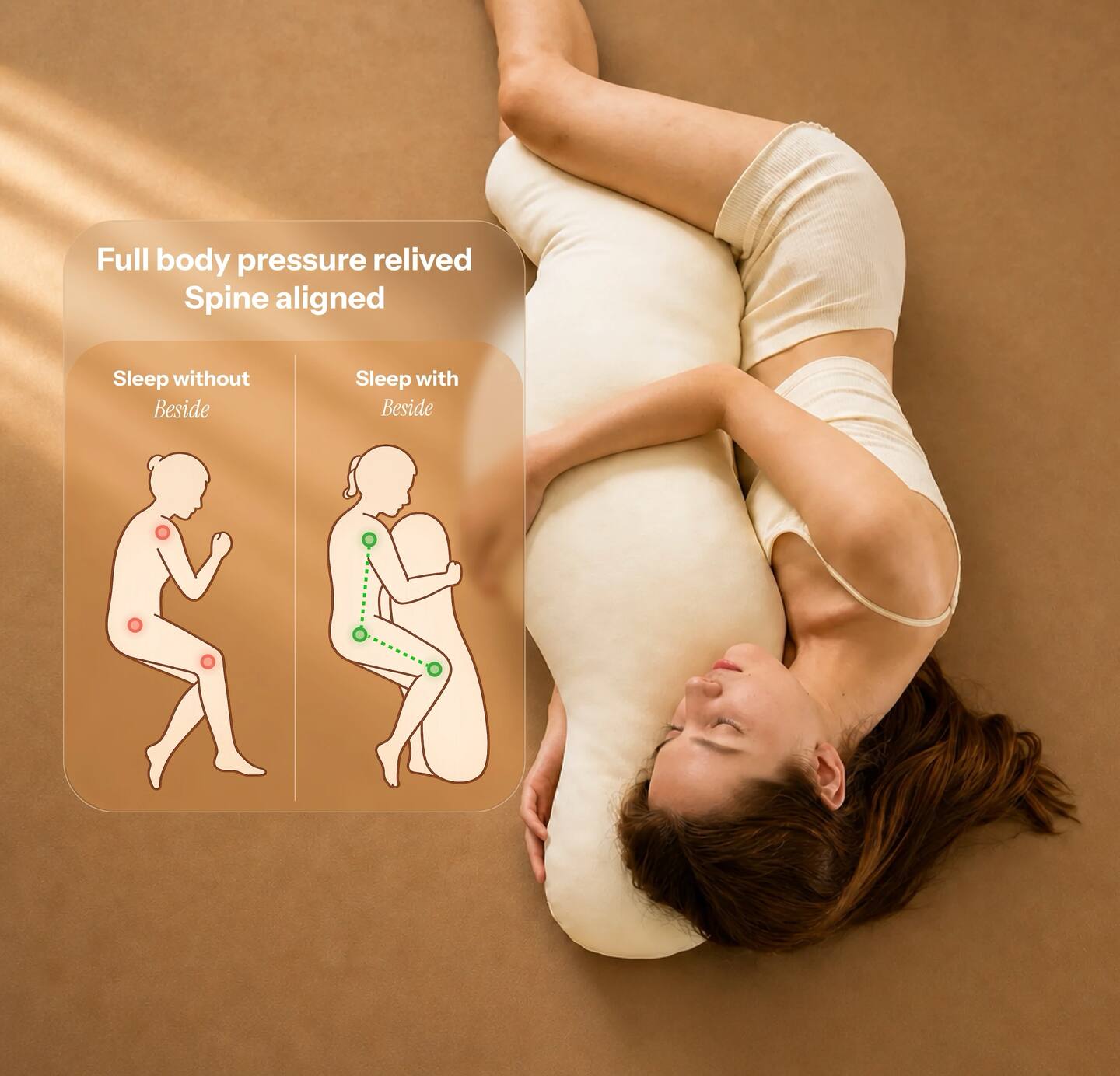 Side sleeper using Beside body pillow for full-body support