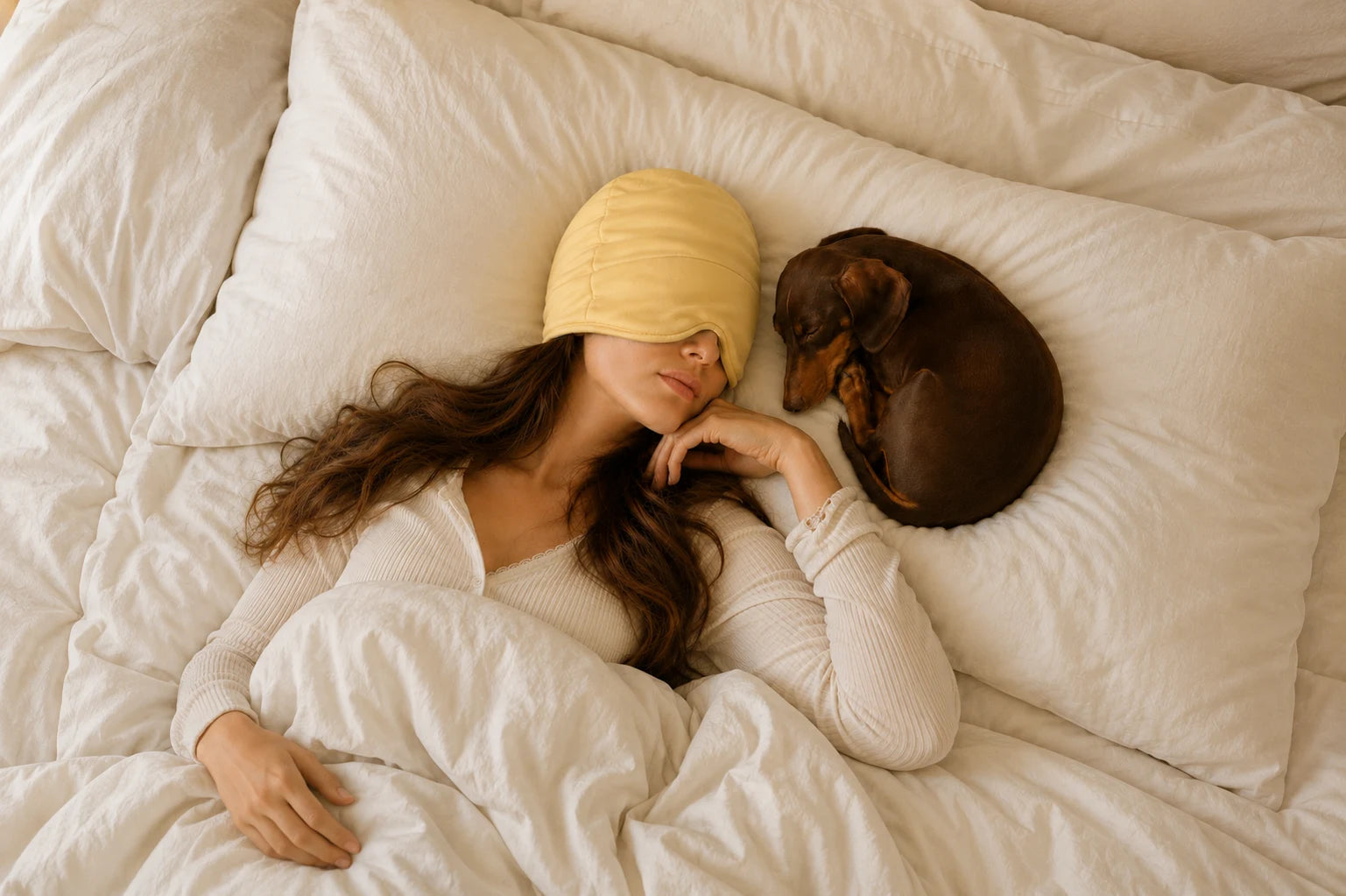 Two people resting in bed with Sleep Hoods