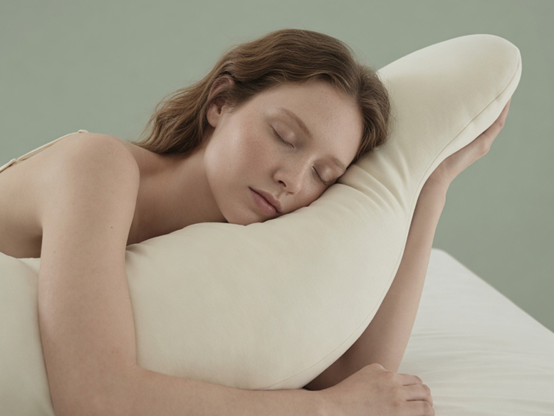 Person hugging the Beside pillow in warm dim light