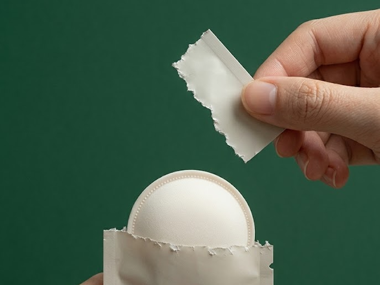 Hand tearing open a foil-wrapped scent insert