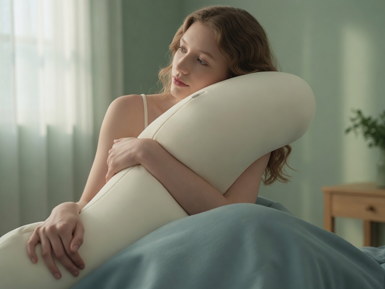 Morning sunlight on bed, person still hugging pillow
