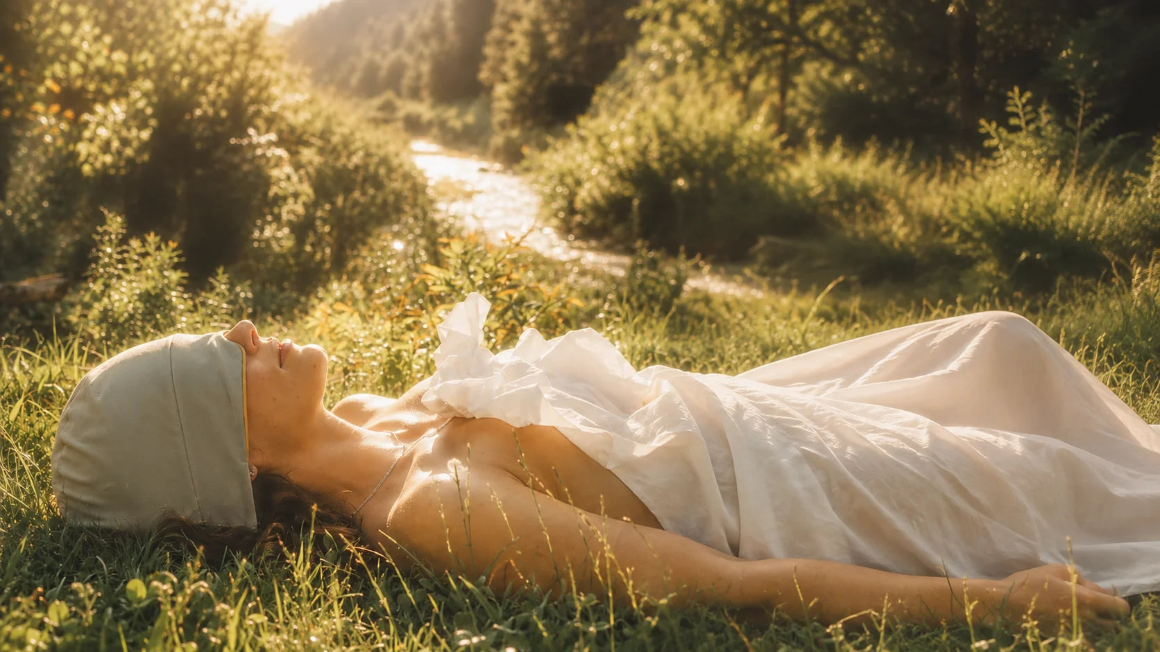 A woman resting on grass in the sunlight, wearing the Beside sleep hood