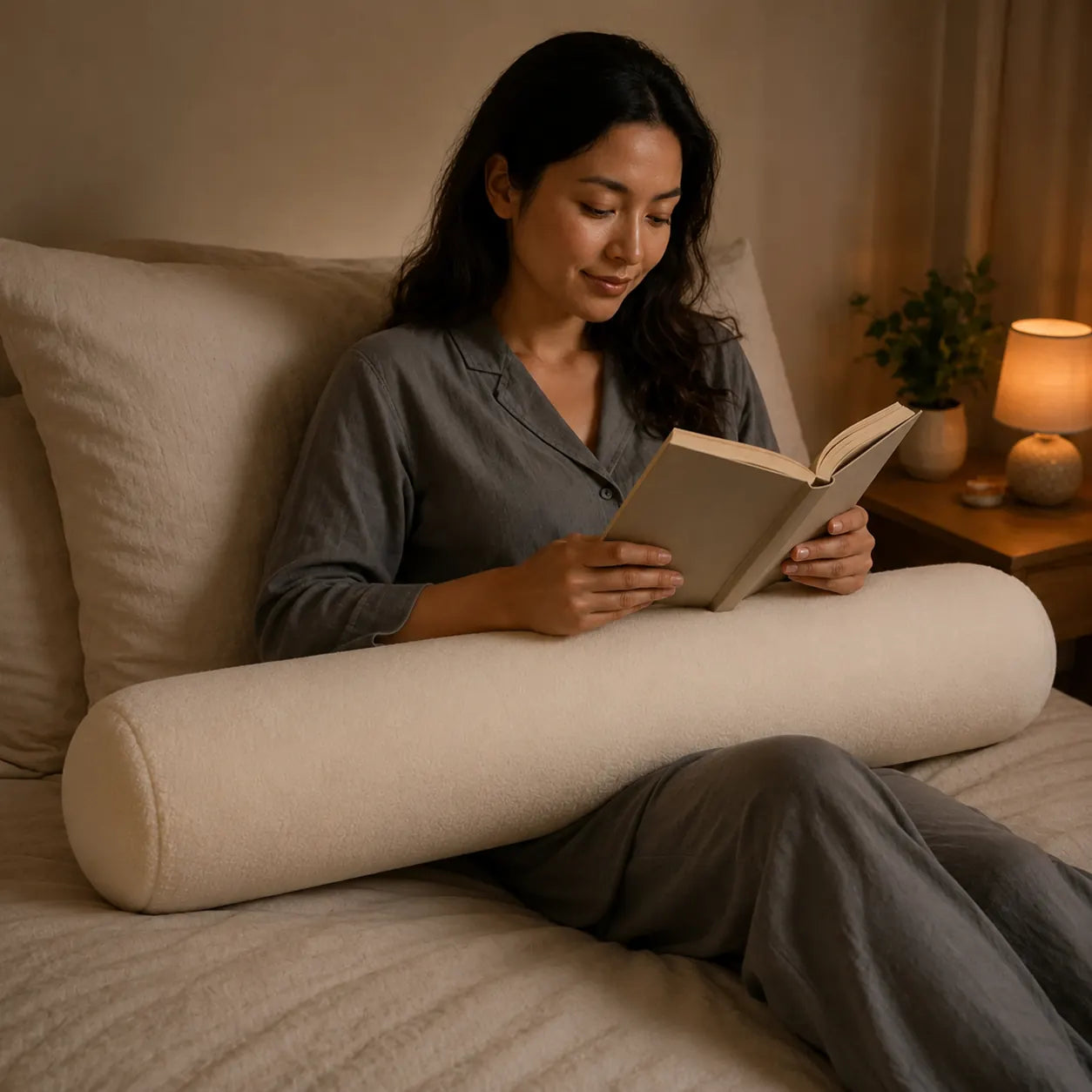 Reading in bed with Beside body pillow as soft support during a nighttime routine