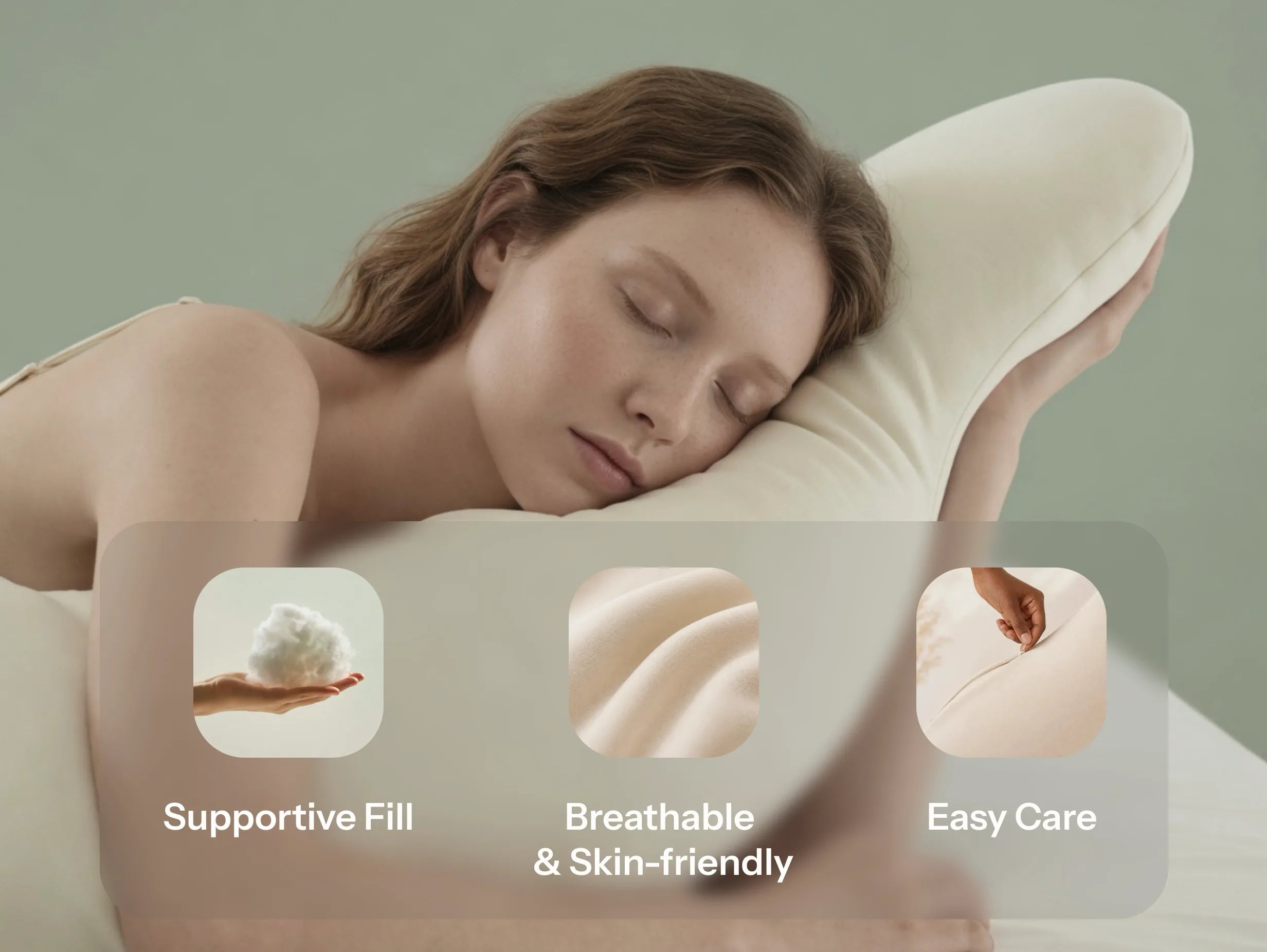 Beside pillow materials showing supportive fill, breathable fabric, and easy care details