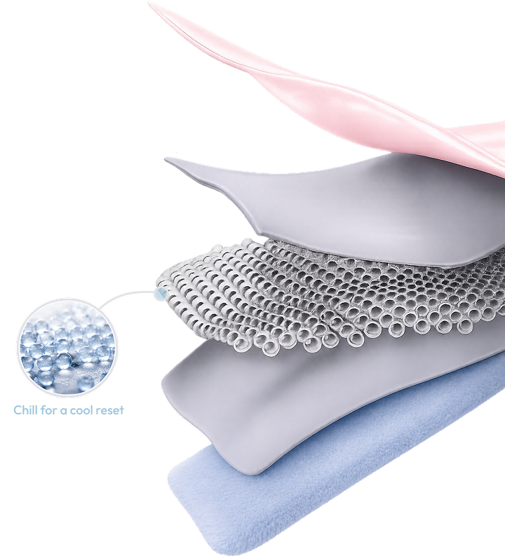 Exploded view of Sleep Hood comfort layers with a micro glass beads close-up