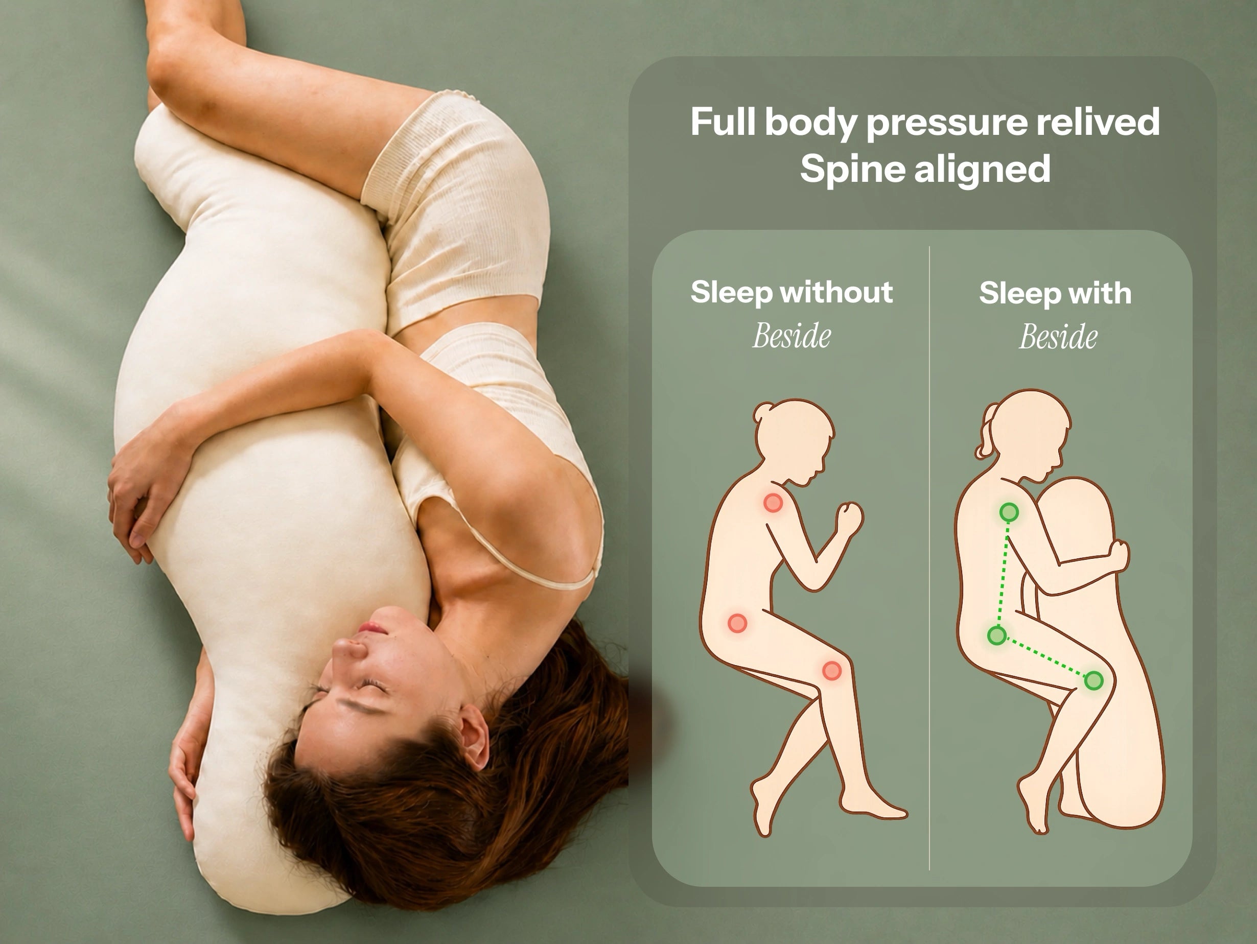 Adult sleeper holding the pillow for arm, chest, and knee support