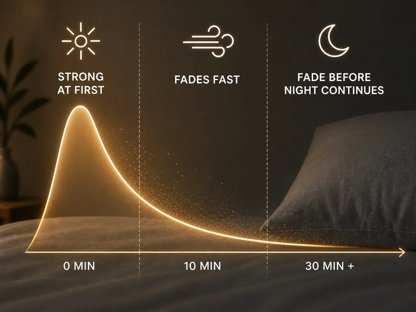 Pillow spray scent starts strong, fades fast, and fades before the night continues